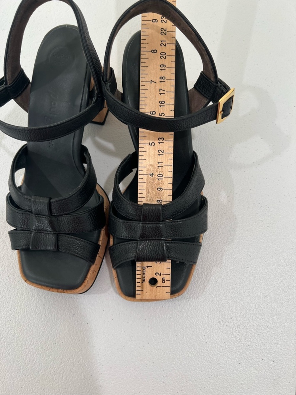 PAUL GREEN Black Leather Cork-Platform Strappy Sandals comfor insole 7 - Picture 12 of 13